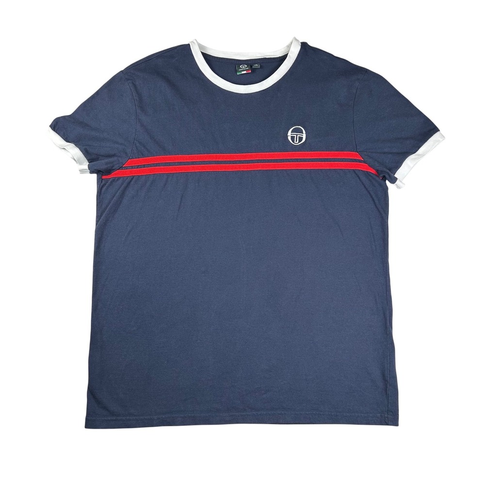 Sergio Tacchini Mens XL Navy Blue Ringer T-Shirt Red Stripes Logo Athletic Tee